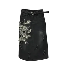 Женская джинсовая юбка средней длины, Женская мода, весна-осень, новинка, E0mbroidery, Цветочная сумка, прямая юбка, черная сексуальная юбка