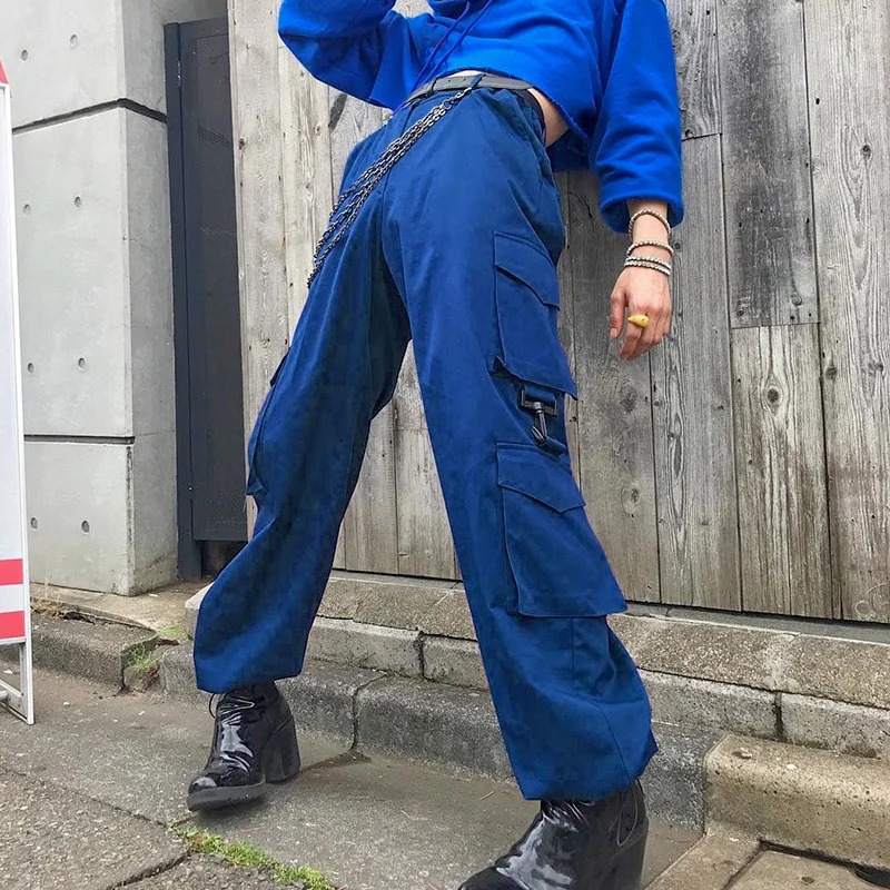 Azul Calle Pantacourt Alta Moda Hop Chicas Harajuku Cintura Las Hebilla Hip Militar Mujer La Mujeres Jogger Pantalones Estilo De 4U6qKCR