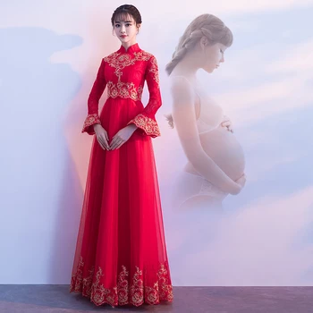

Pregnant Bride Wedding Party Dress Traditional Chinese Lady Mandarin Collar Cheongsam Marriage Clothes Embroidery Qipao XXXL