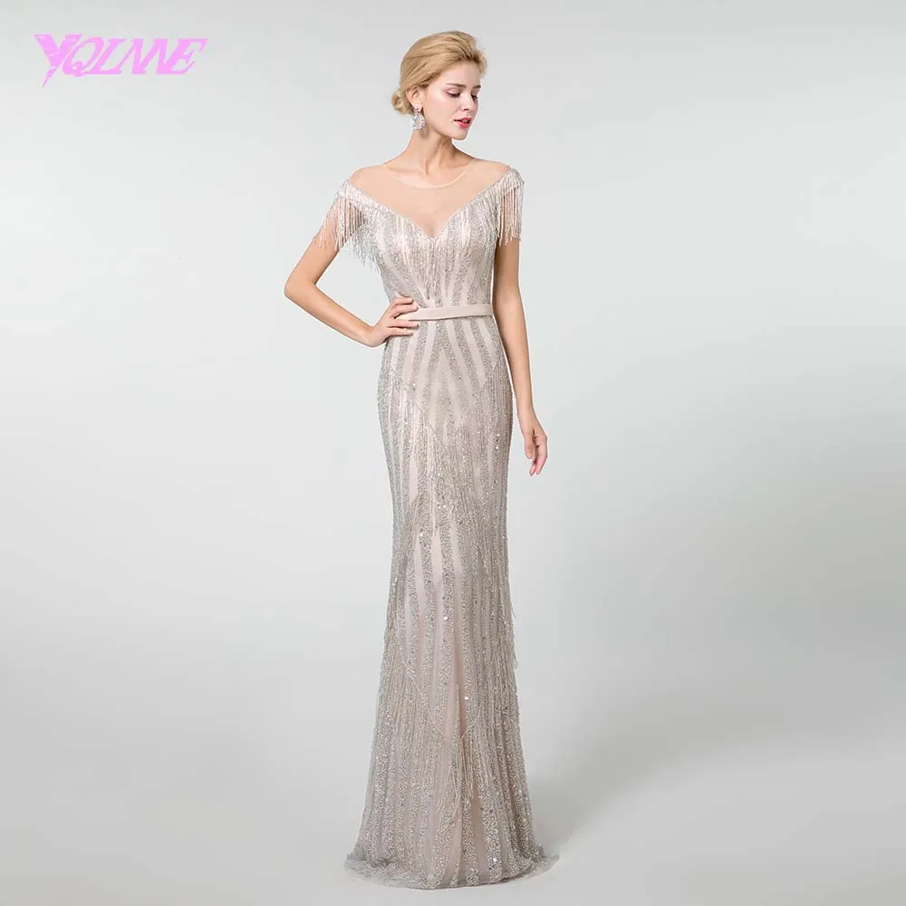 YQLNNE роскошное бисерное вечернее платье с кисточками Иллюзия Русалка женское вечернее платье на молнии сзади пышные платья