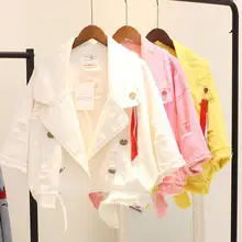 Осень, Новая модная женская джинсовая куртка, джинсовое пальто с лентами и дырками, топы для девочек, студенческие повседневные свободные короткие джинсовые пальто, верхняя одежда