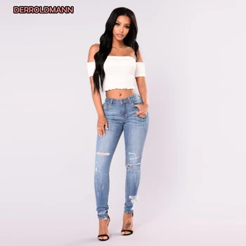 

Summer Women Jeans Broken Holes Ripped Denim Zipper Button Pocket Pencil Long Jeans