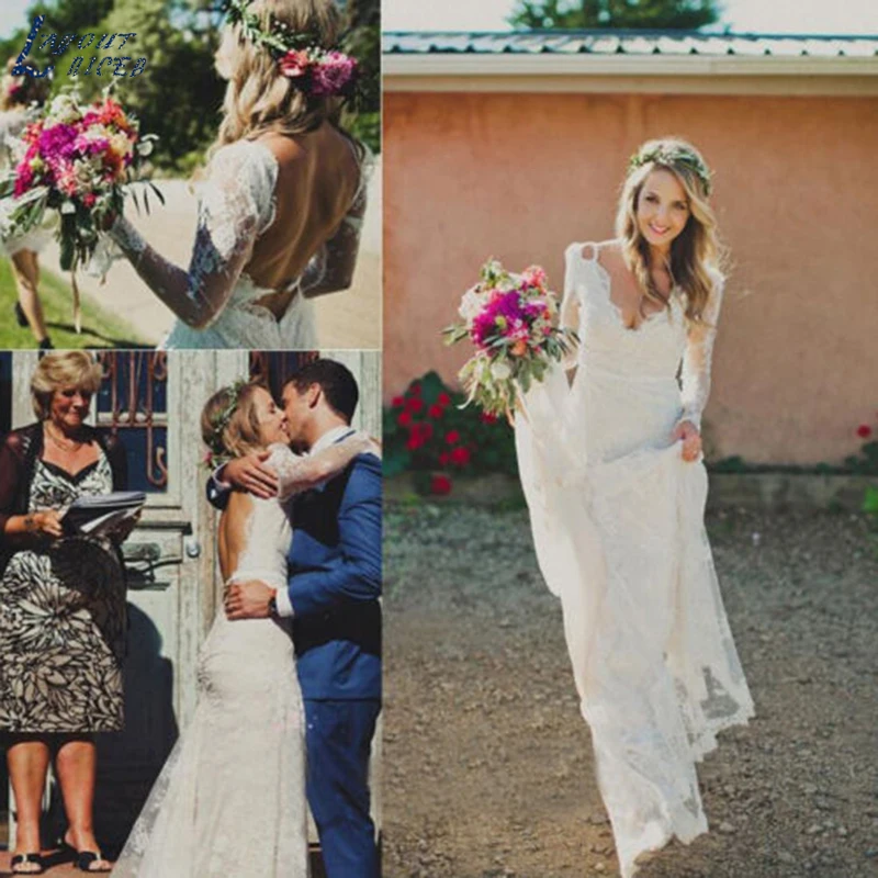 

SHJ644 Hot Sale Sexy Bohemian Wedding Dress 2019 Beach Long Sleeve V Neck Lace Bridal Dress Boho Backless Vestido de Noiva