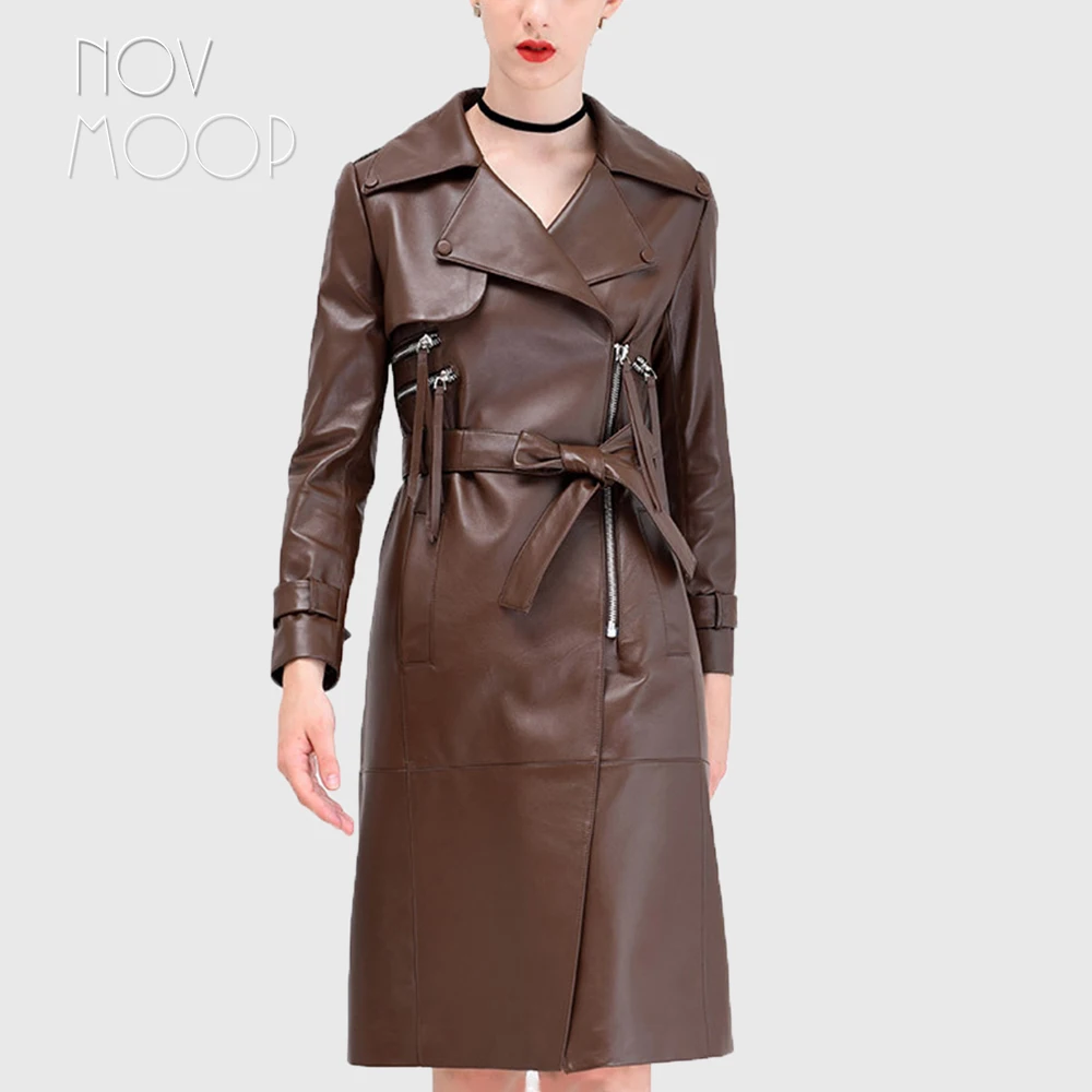 

American style brown genuine leather real lambskin long trench coat outwear with belts off-center zipper casaco feminino LT2554