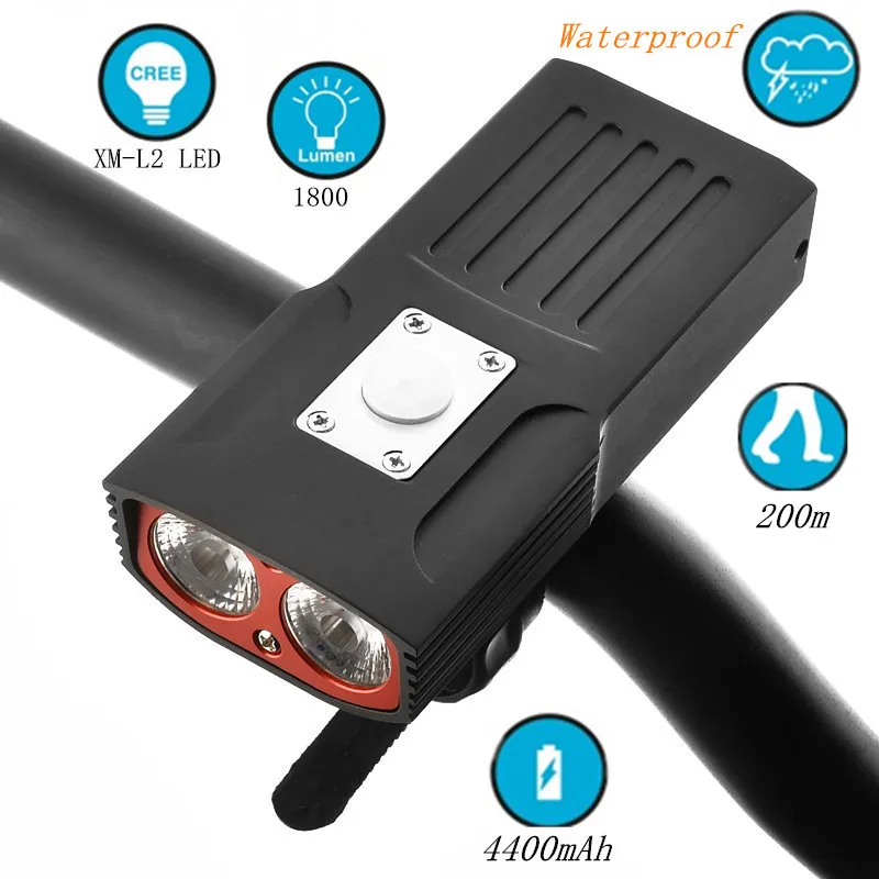 USB Перезаряжаемый велосипед передняя лампа 2* XM-L2 светодиодный Встроенный 5000 mAh 18650 батарея передний руль велосипеда свет