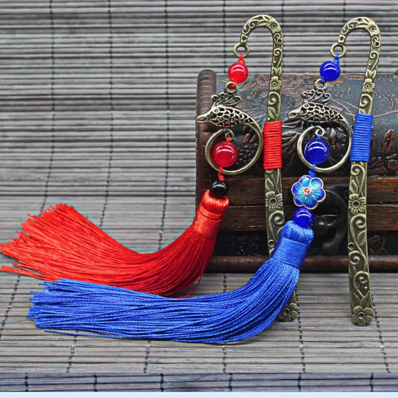 

2pcs / set Ethnic wind Retro metal Bookmark with Carnelian Red and Blue Fringe Reading Gift Prize Presents Hairpin