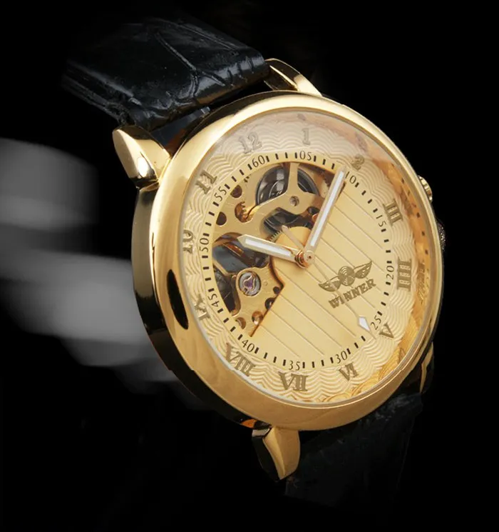 WINNER famous popular hot mechanical brand for men man fashion casual classic skeleton watches gold dial leather band