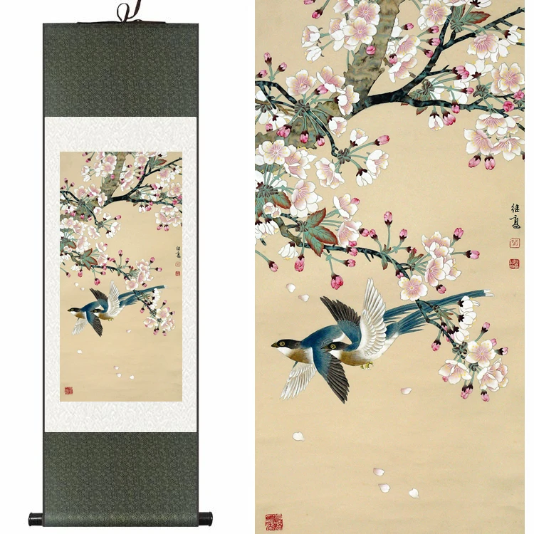

Chinese Silk watercolor Begonia double flower & birds ink art feng shui canvas wall picture damask framed scroll painting gift