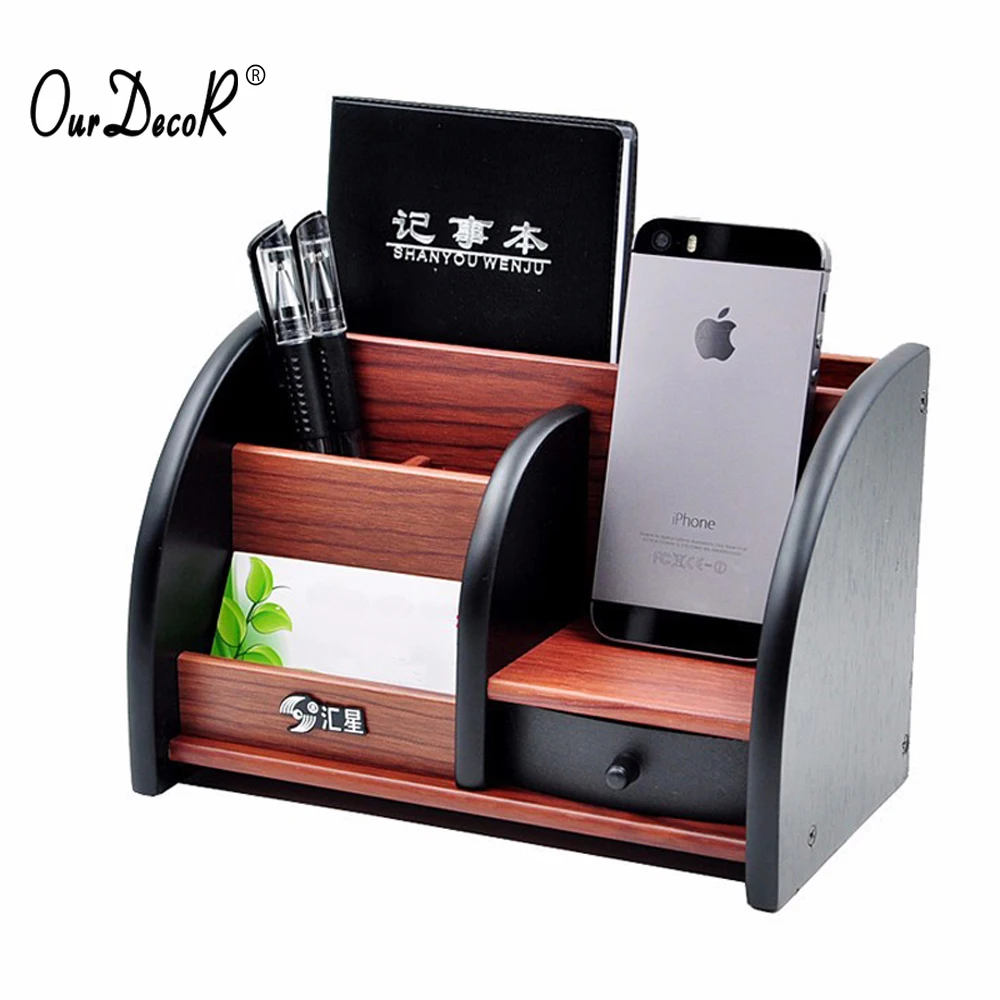 Goedkoop Houten hoogwaardige multifunctionele Bureau Briefpapier Organisator Opbergdoos Pen Potlood Doos Sieraden Make Holder Case Bruin