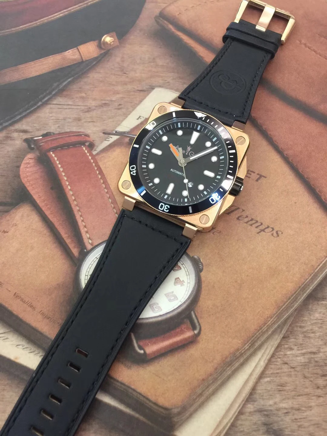 

New Style Men Automatic Mechanical Rose Gold Ceramic Bezel Watch Bell Aviation Men Sport Dive Watches Black Leather Rubber AAA+