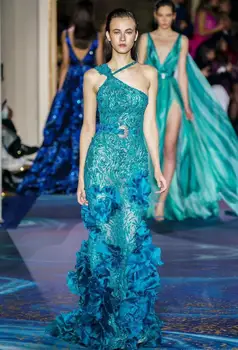 

New Fashion Blue Asymmetrical Appliques Performance Evening Party Dress