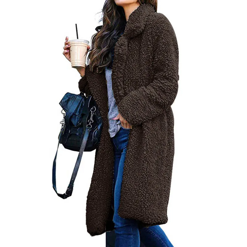 Женское пальто с длинным рукавом, теплое, с отворотом, модное, средней длины, одноцветное, для зимы, GDD99