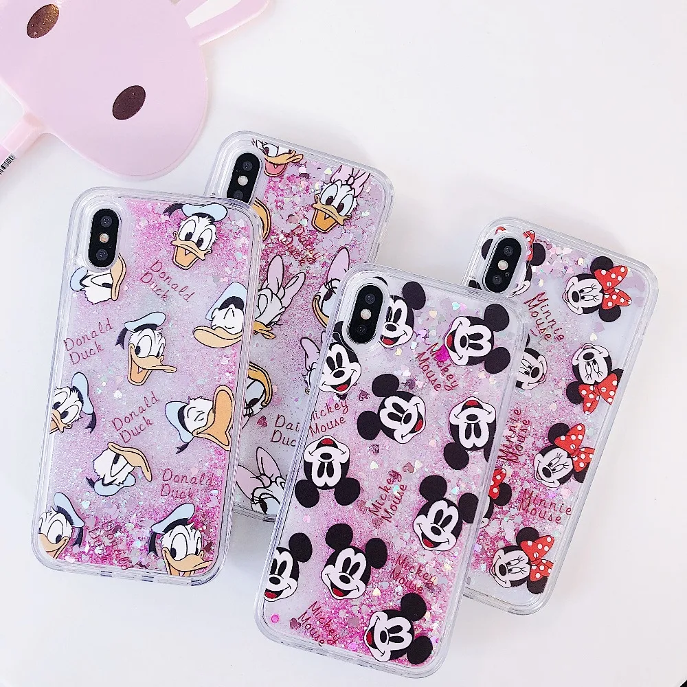 

Cartoon Mickey Mouse Dynamic Liquid Flash Quicksand Case for iPhone 6 6s 7 8 Plus Cover for iPhone X XS Donald Duck TPU Fundas