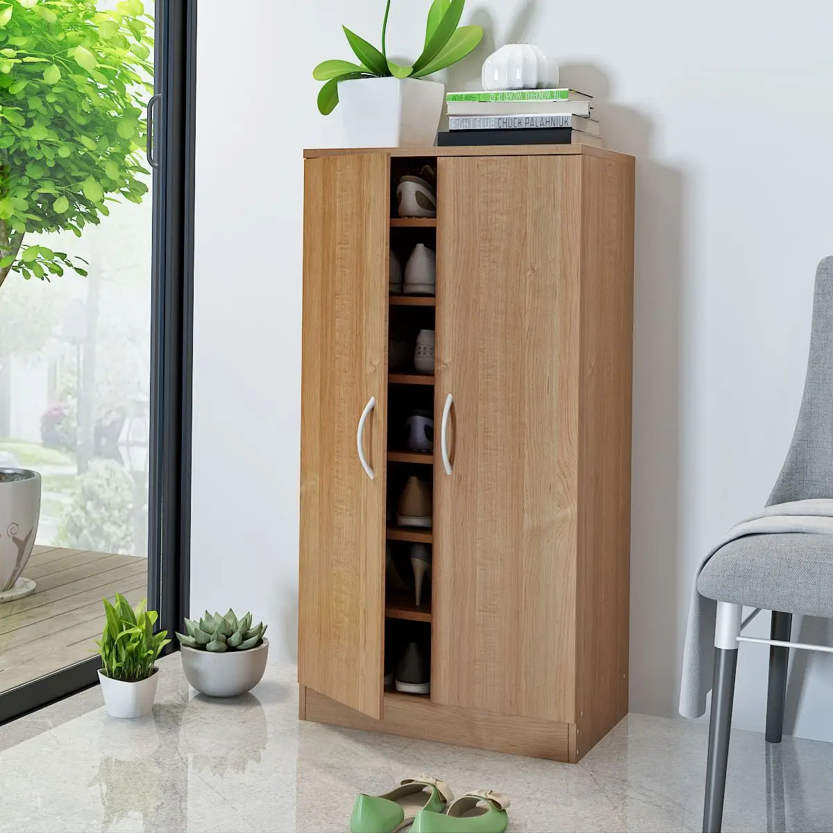 

Panana 2 Door Shoe Storage Cabinet Rack Unit with 7 Shelves Nature/White Living Room
