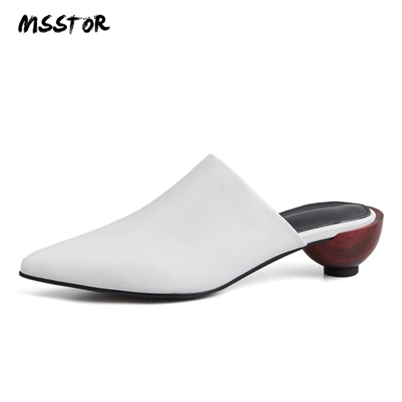

MSSTOR Genuine Leather Summer Shoes Pointed Toe White Fashion Concise Rubber Mules Shoes Women Strange Style Women Slippers