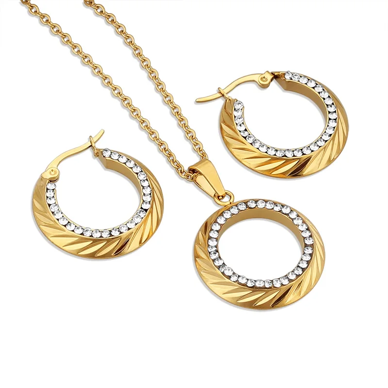 

Luxury Gold Color Wedding Jewelry sets Rhinestone Stainless Steel Set For Women Fashion Earrings Necklace Lady Costume Jewelery