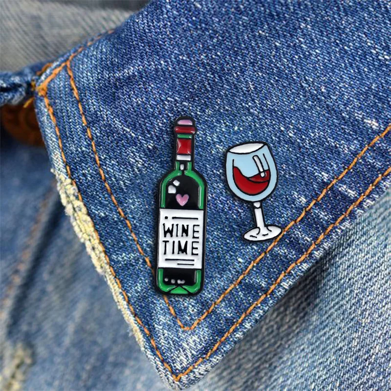 

Wine Time Bottle Wine Glass Enamel Brooches Pin Badge Goblet Red Wine Enamel Lapel Brooch Pins Badge Cartoon Jeans Accessories