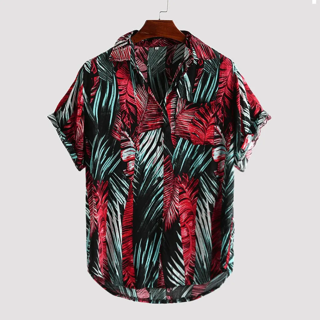 Fashsiualy Mens Printed Hawaiian Loose Beachwear Short Sleeve Casual Buttons Shirt camisa masculina