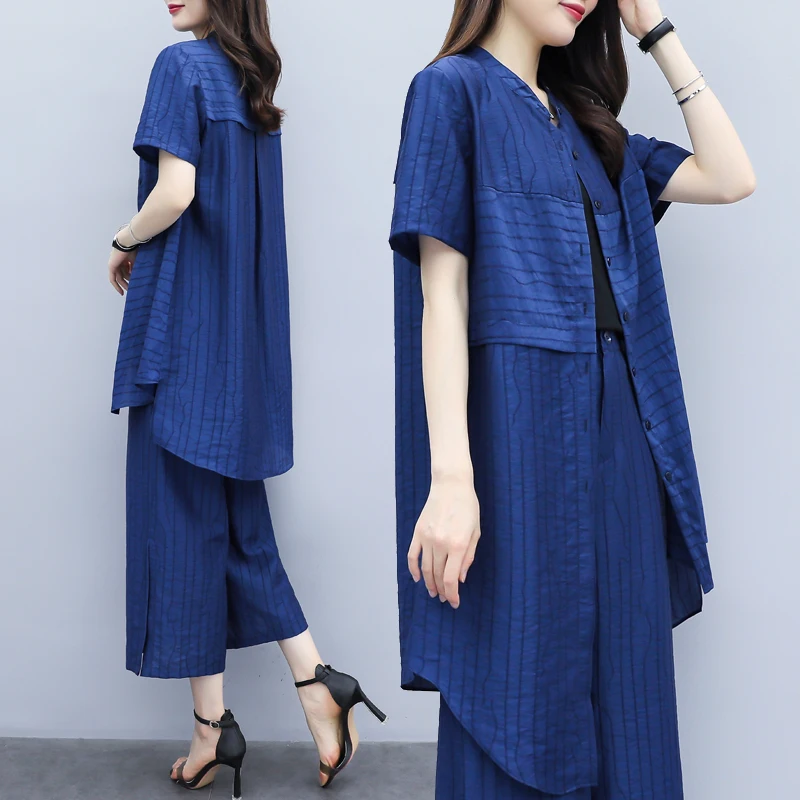 

2019 New Women's Summer Large Size Two-Piece Set Blue Striped Short-Sleeved Loose Shirt + Wide-Leg Pants Casual Suit Female
