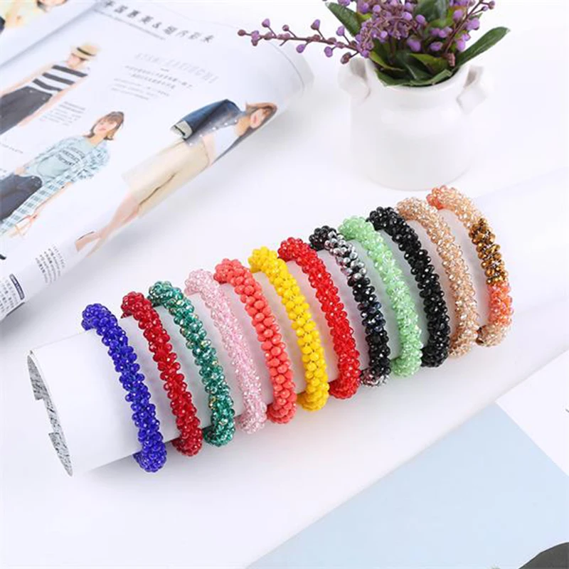 

Trendy Mesh Rhinestone Charm Bracelet 11 Color Round Chain Beads Bracelets For Women Jewelry Gift MEAJOE