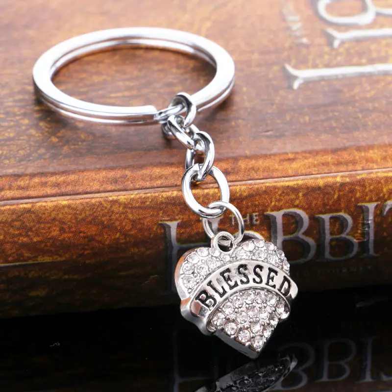 Chic Blessed Crystal Heart Pendant Key Chain Key Ring Women Men Key Holder Jewelry Gifts Family