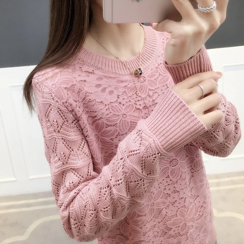 

2019 Spring New Fashion Korean Version Round Collar Long Sleeves And O-Neck Lace Knitted Sweater