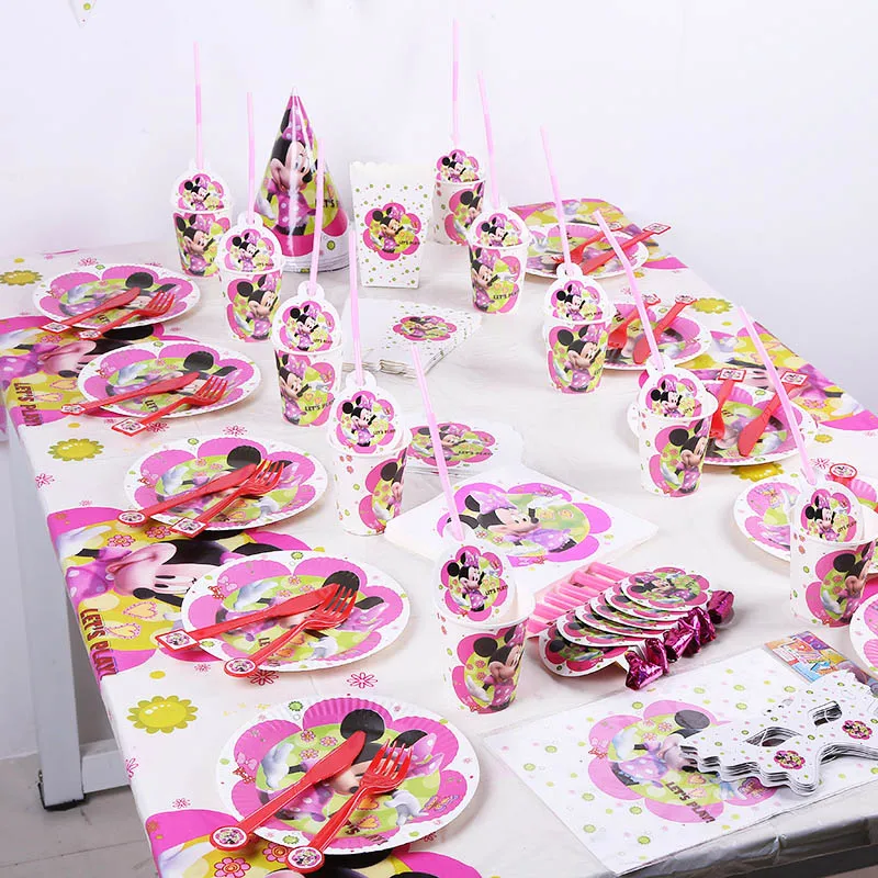 

minnie Cartoon Party Set Tableware Plate Napkins Banner Happy Birthday Candy/popcorn Box Baby Shower Party Decoration