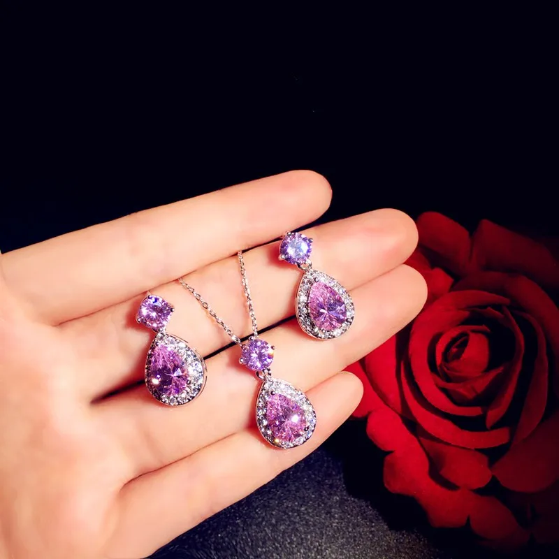 

Set Jewelry For Women Solid 925 Silver Pink Cubic Zirconia Drop Earrings Necklaces Pendants 2PCS Sets Temperament Luxury Bijoux