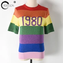 ORDEESON Радужная футболка для женщин 1980 фигурки вязаные топы Пуловеры Женская одежда футболки Забавные футболки летний топ корейский топ