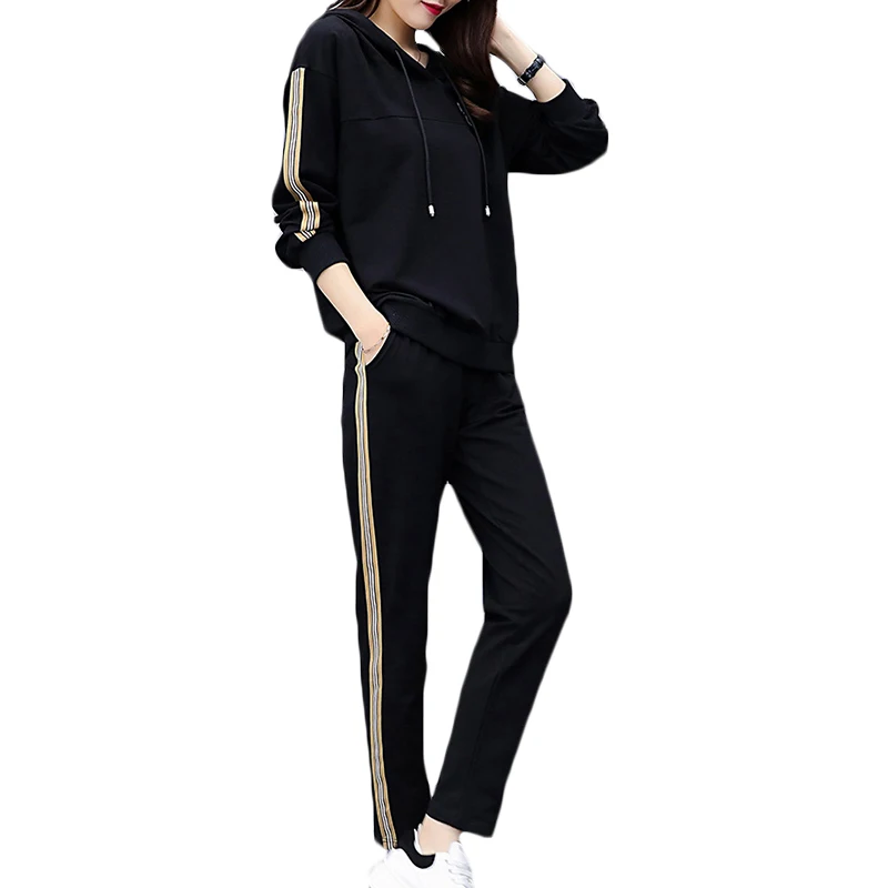 

Knitted two piece sets women's large size sporting sets autumn spring womens knitted sweater sets female hooded tops & trousers