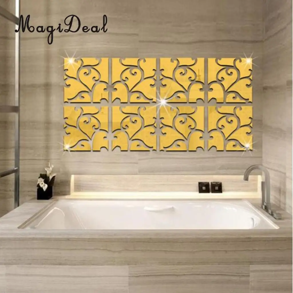 3D Acrylic Mirror Decal Sticker Stitched Wall Panels Home Decoration 8x8inch, Silver/Black/Gold