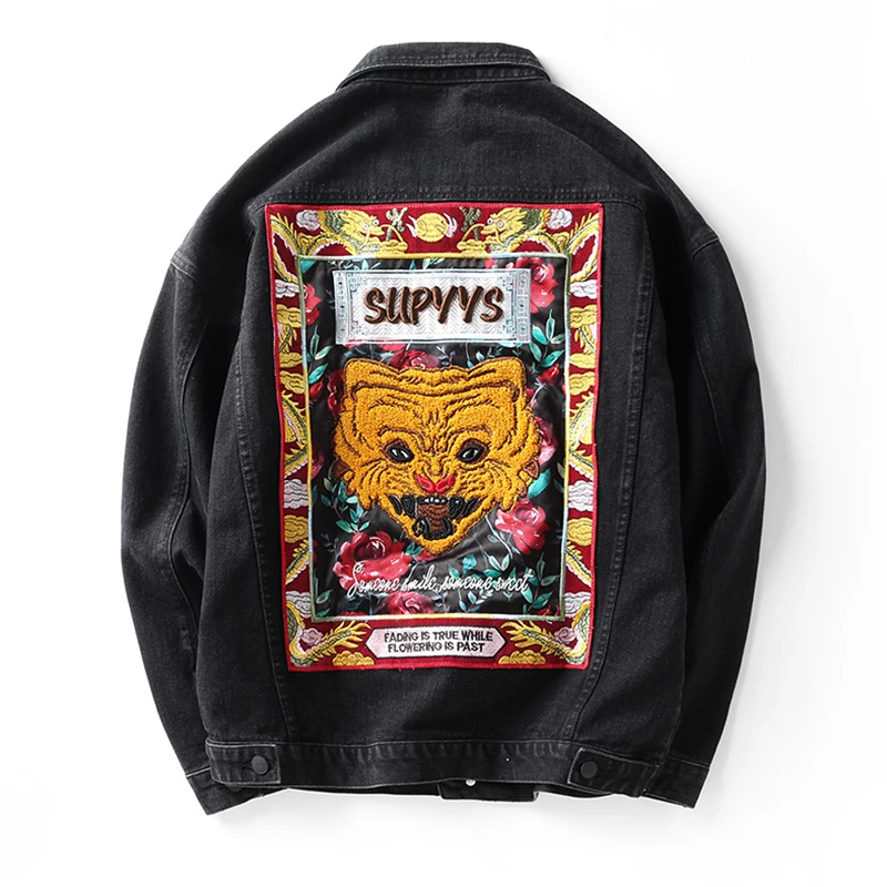 Embroidery Denim Jacket Men Japanese Streetwear Black Windreaker Jackets Male Spring Autumn Jean Jacket Coats Hip Hop