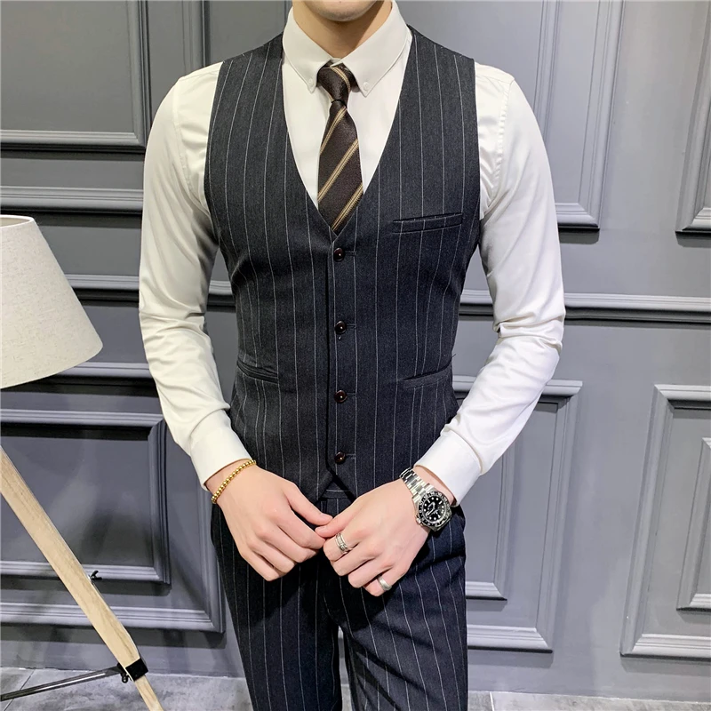 Fashion Suit Vest Men Striped Formal Dress Slim Fit Vest Sleeveless Jacket Male Business Wedding Waistcoat Plus Size 5XL