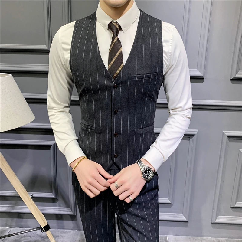 

Fashion Suit Vest Men Striped Formal Dress Slim Fit Vest Sleeveless Jacket Male Business Wedding Waistcoat Plus Size 5XL