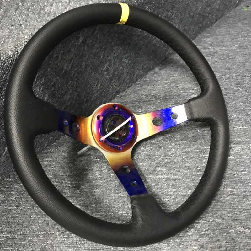 

New 14-inch steering wheel / leather racing large concave modified universal steering wheel frosted blue iron frame