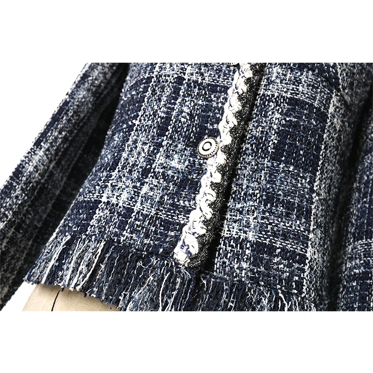 Tweed Chaqueta Mujer Plaid Tissé Manteau Blue Mince De Femmes Bleu 2018 D'hiver Section Veste Court FwqF7Zd