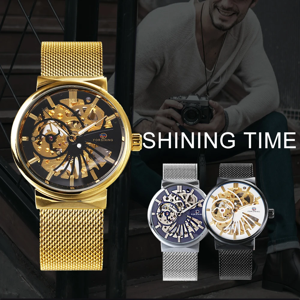 Koop HOT FORSINING Top Merk Luxe Mannen Mechanische Horloge Skeleton Dial Golden Royal Mode Dunne Unisex Mesh KLEINE POLS HORLOGES