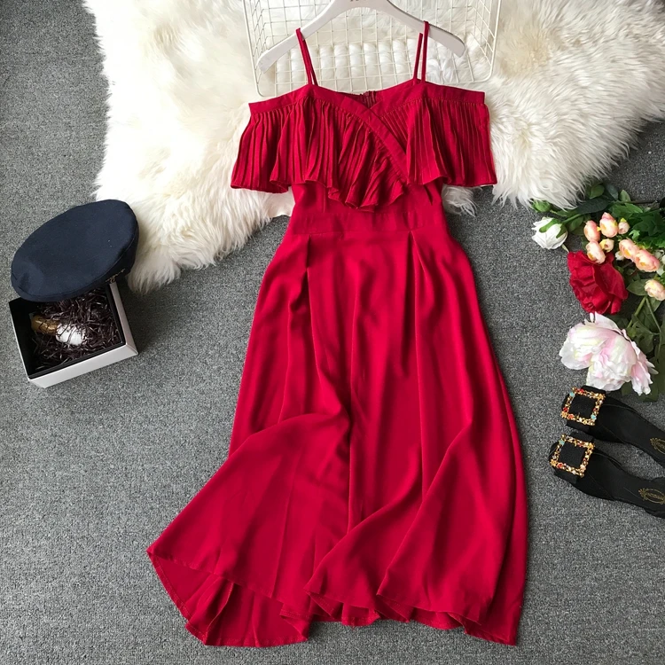 

2019 Spring Women Chiffon Pleated Braces Sling Spaghetti Strap Goffer Long Dress Ladies Ruffles Empire Drapped Swing Slip Dress