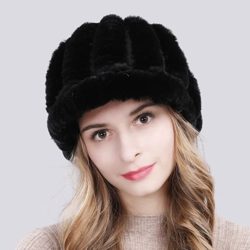 Хит, Новая зимняя женская шапка из натурального меха, женская теплая вязаная шапка из меха кролика Рекс, русские уличные шапки из натурального меха - Цвет: black