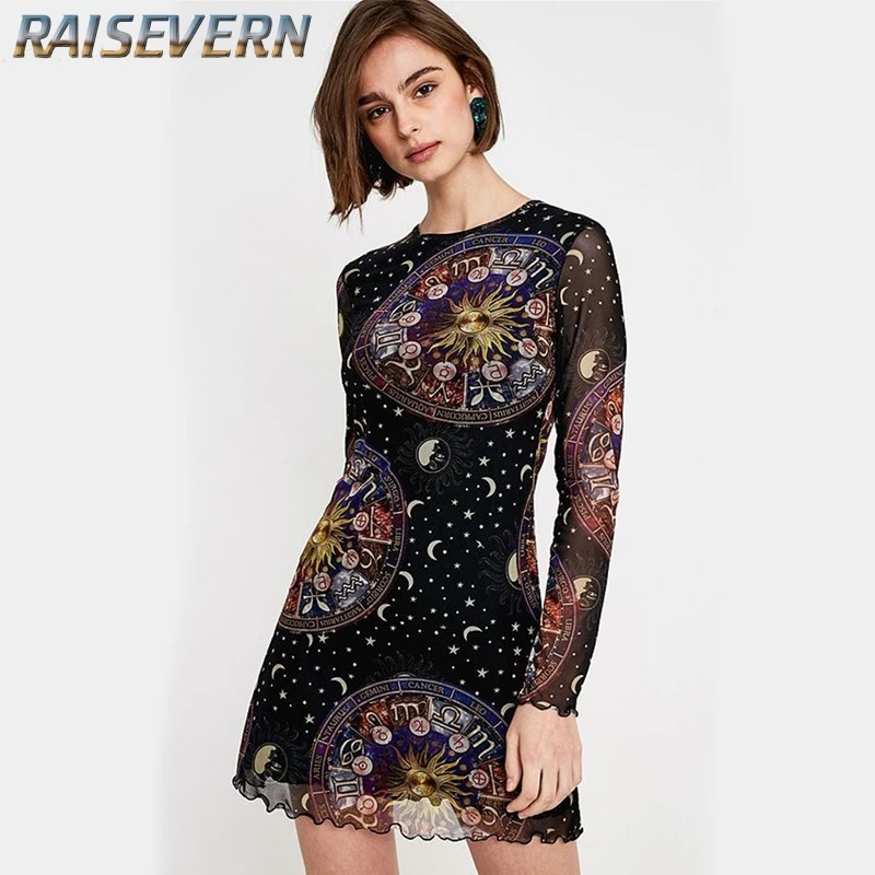

RAISEVERN Sexy Personality Mesh Patchwork Lady Dress Wavy Side Perspective Galaxy Space Moon Dress Women Long Sleeve Mini Dress