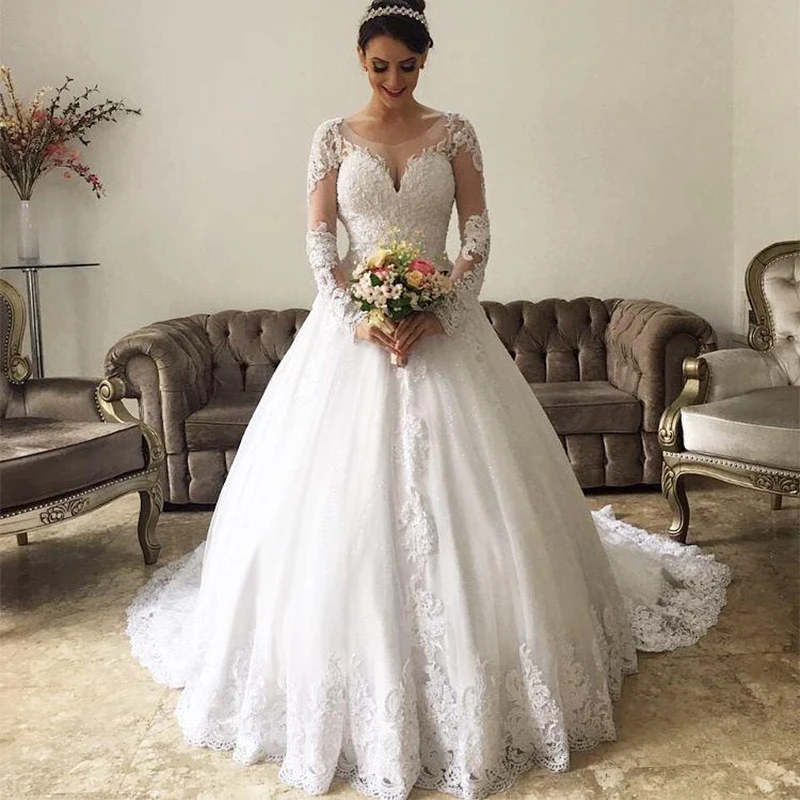 

Vestido De Boda Scoop Long Sleeves Wedding Dresses 2019 Ball Gown Bridal Dresses Lace Appliques Wedding Gowns Court Train Bruilo