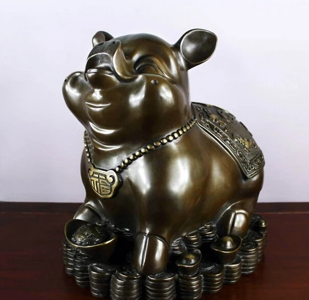 

Collectible bronze lion statue S0849 Chinese Fengshui bronze Copper Zodiac Year Pig Yuanbao Coin Money Wealth Statue B0403