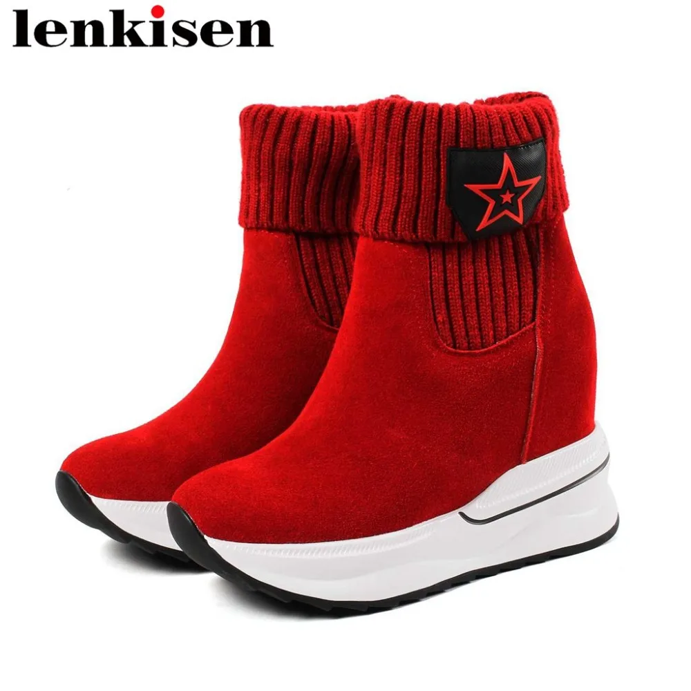 

Lenkisen movie stars solid round toe increased super high thick bottom natural leather slip on knitting mature short boots L08