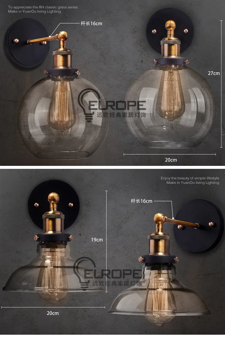 60 Вт промышленный Настенный бра, Лофт ретро настенный светильник винтажные светильники со стеклянным абажуром Lamparas De Pared Arandelas