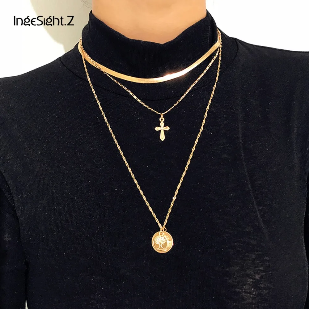 

IngeSight.Z Vintage Multilayer Chain Necklaces for Women Simple Religious Gold Color Cross Pendant Necklace Fashion Jewelry Gift