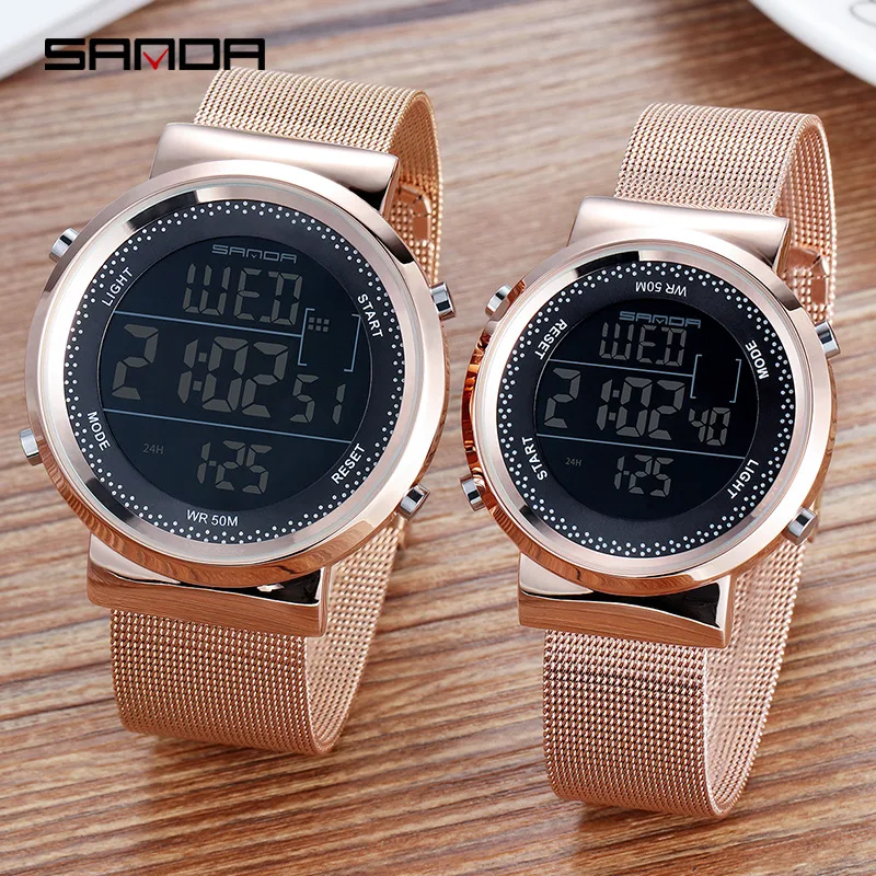 

Sanda Stainless Steel Mesh Men Watch LED Digital Women Watches Calendar Alarm Chronograph Couple Wristwatches 383G/384L