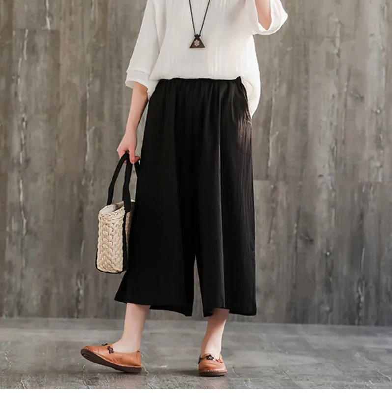 #0669 Cotton Linen Pants Women Wide Leg Ankle-length Vintage Trousers Ladies Loose Elastic Waist Pantalon Femme Retro Summer #0669 Cotton Linen Pants Women Wide Leg Ankle-length Vintage Trousers Ladies Loose Elastic Waist Pantalon Femme Retro Summer