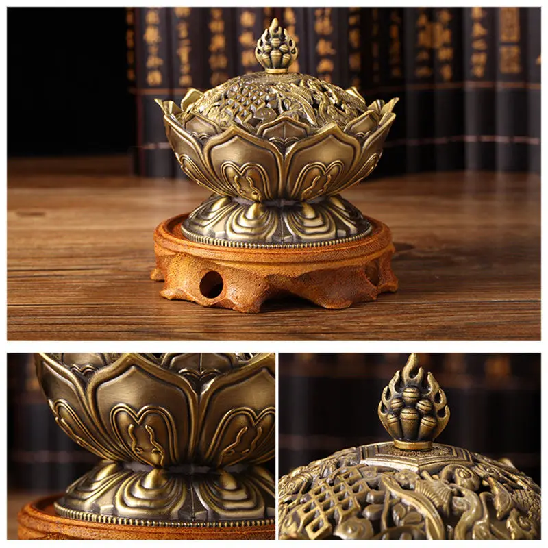 JX-LCLYL Alloy Chinese Lotus Hollow Cover Incense Burner Aromatherapy Censer Cone Holder