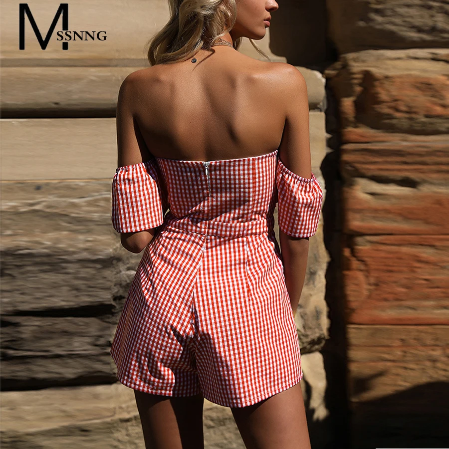 2018 Summer Off shoulder plaid jumpsuit romper women Sexy backless bow high waist playsuit female beach short overalls
