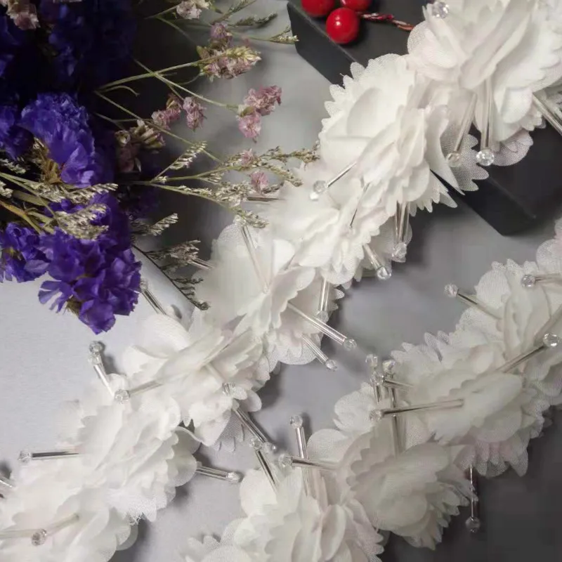 

1 yard DIY White Pearl Beaded Flower Embroidered Lace Edge Trim Ribbon Floral Applique Patches Wedding Dress Fabric Sewing Craft